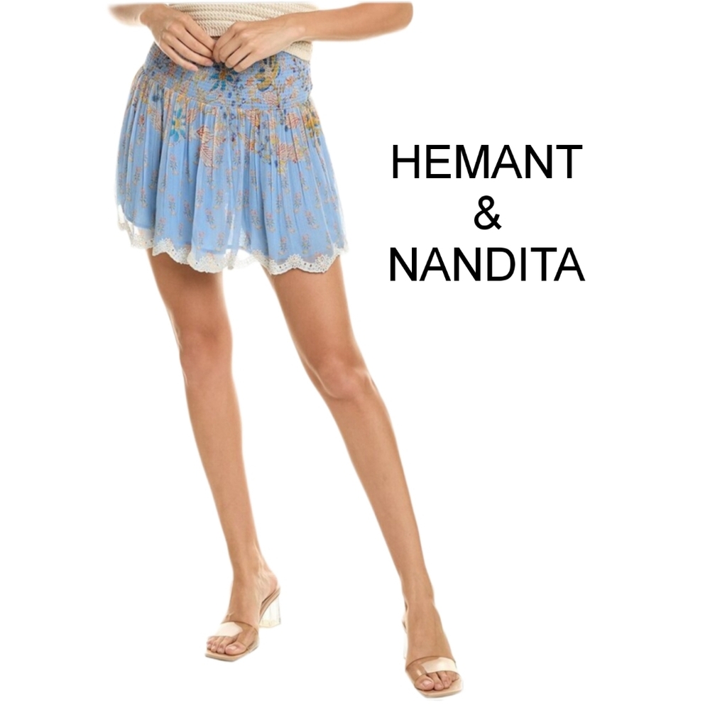 Hemant & Nandita Mini Floral Skirt Size Small Light Blue